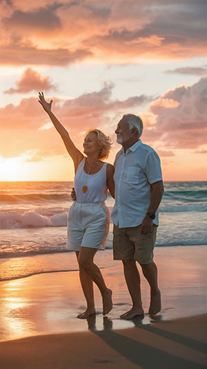 Happy senior couple walking on beach